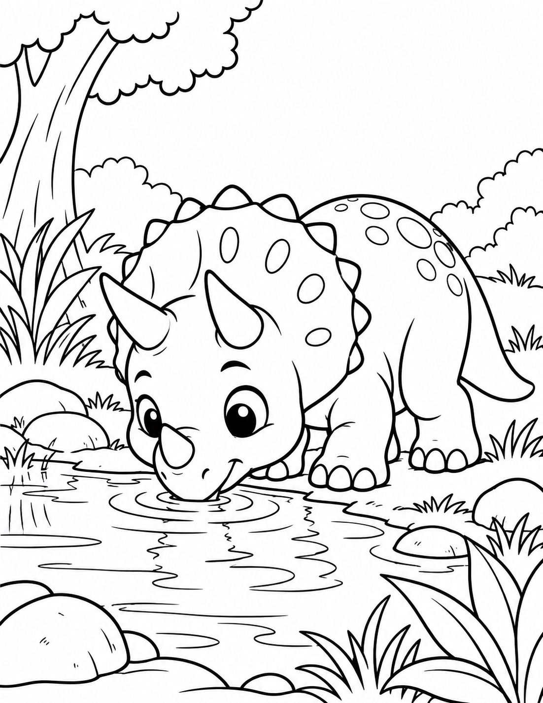 Baby Triceratops Drinking from Pond Coloring Page