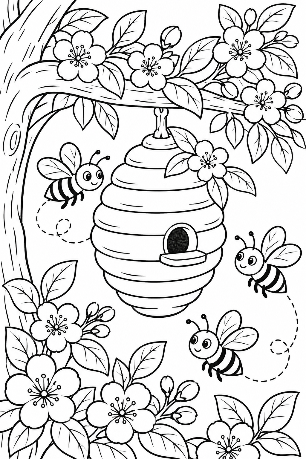 Beehive Flowering Tree Coloring Page