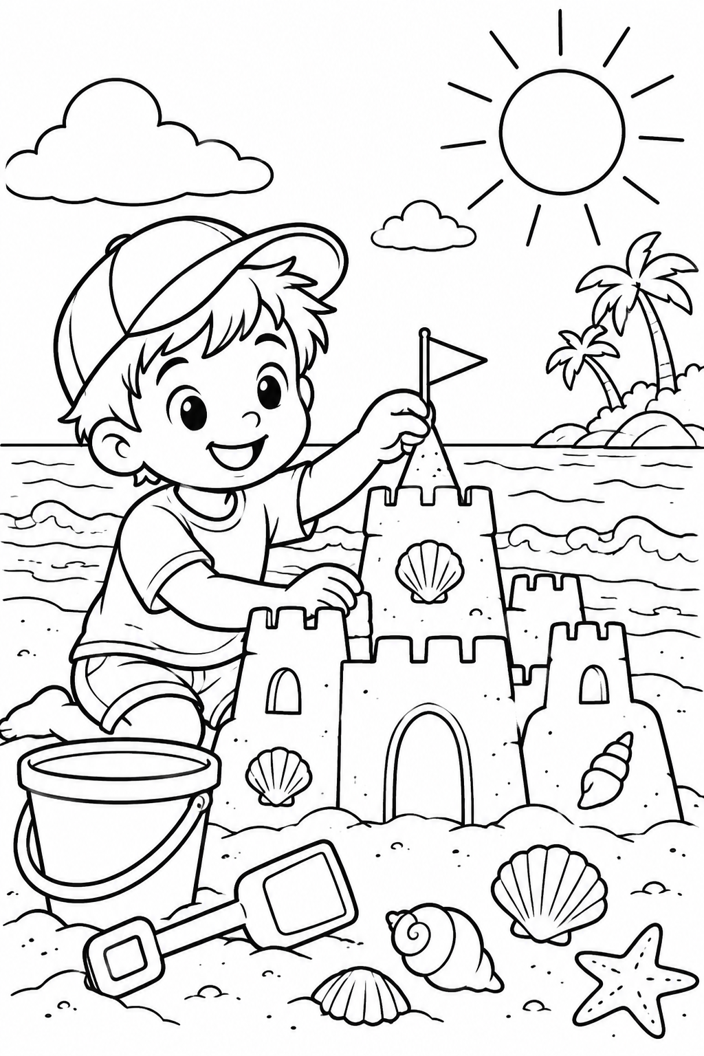 Boy Building a Sandcastle Coloring Page