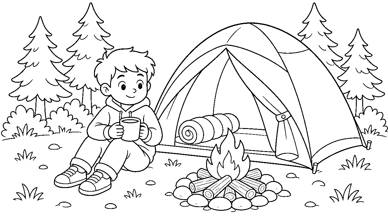 Boy Camping Tent Coloring Page