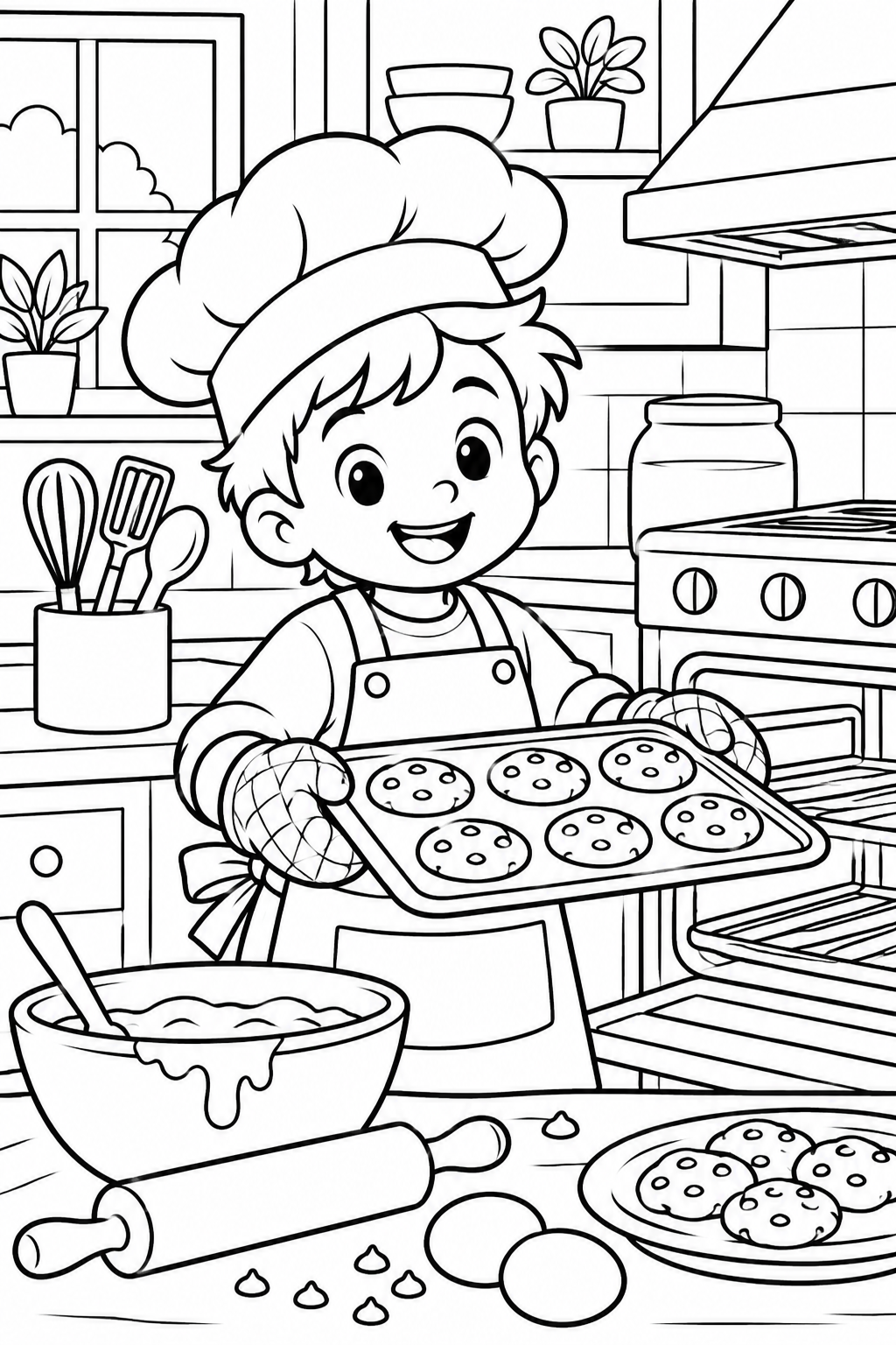 Boy Chef Baking Cookies Coloring Page