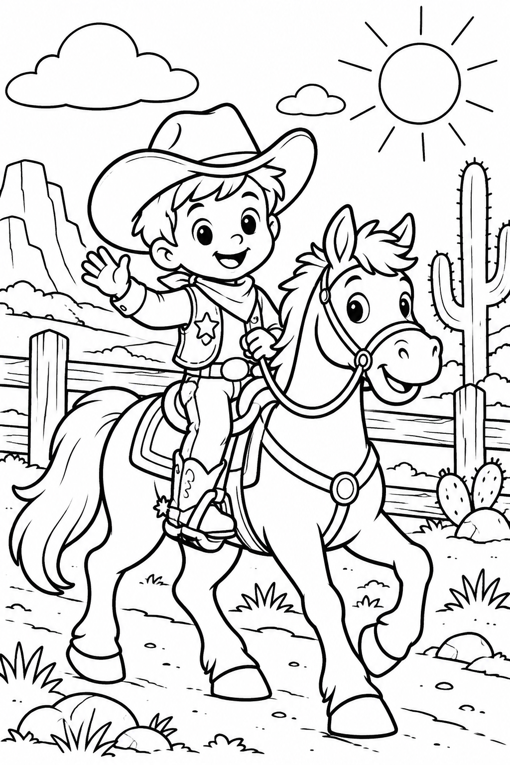 Boy Cowboy Riding a Horse Coloring Page