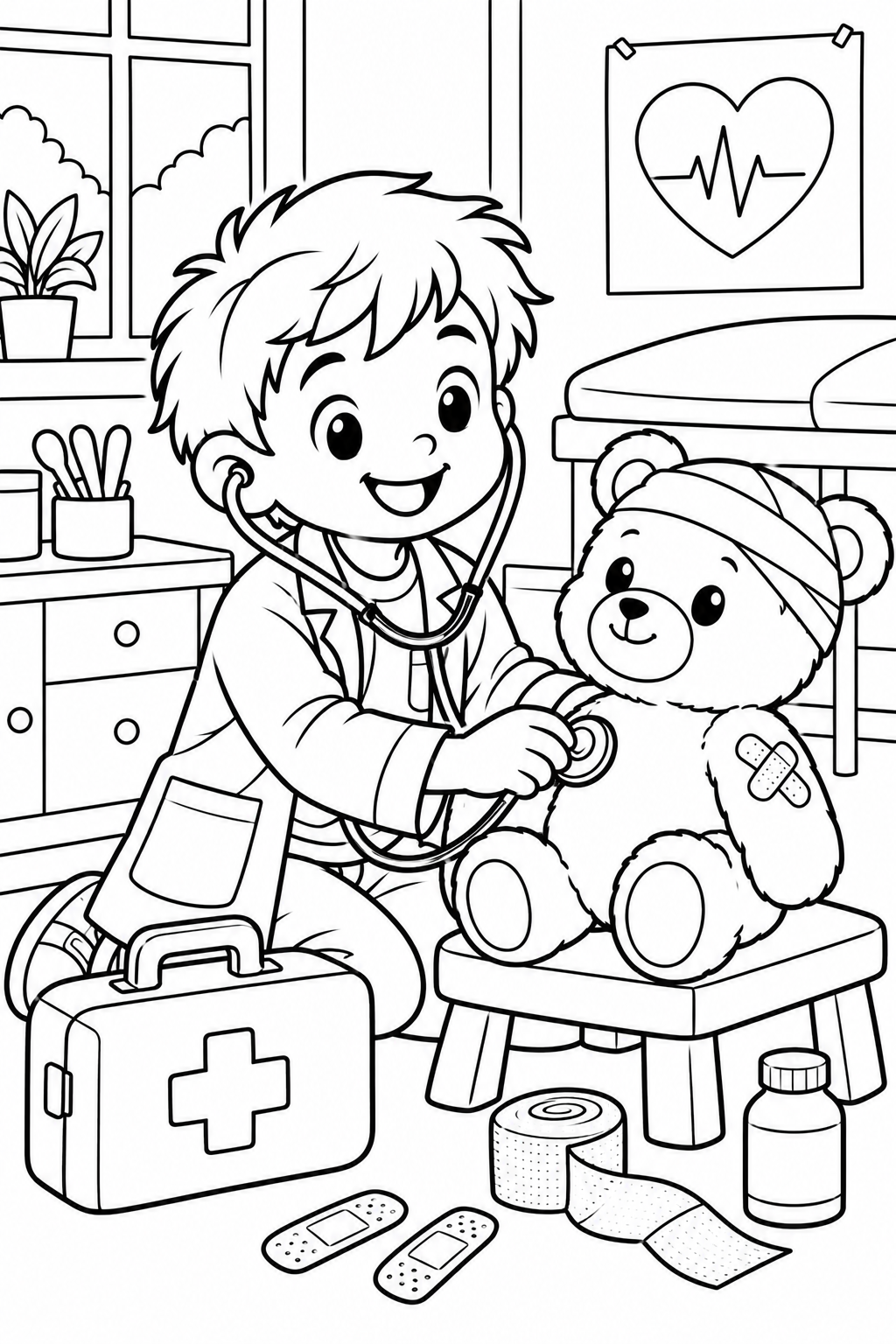 Boy Doctor with Teddy Bear Coloring Page