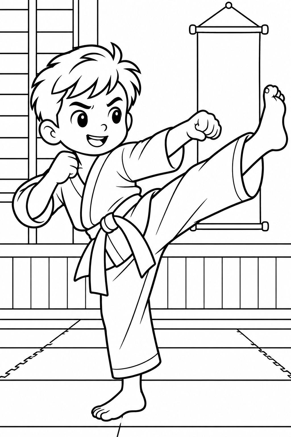 Boy Karate Kick Coloring Page