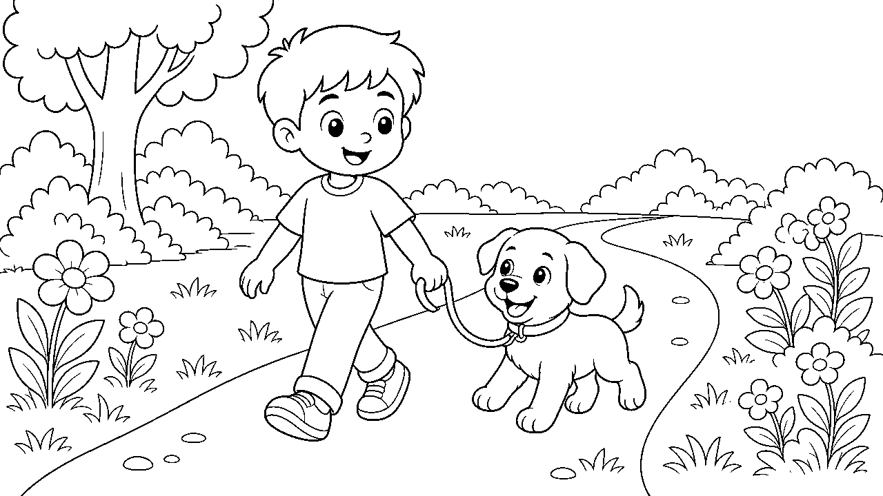 Boy Puppy Walk Coloring Page