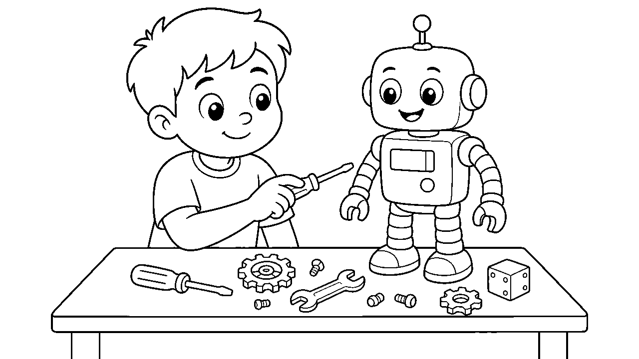 Boy Robot Build Coloring Page