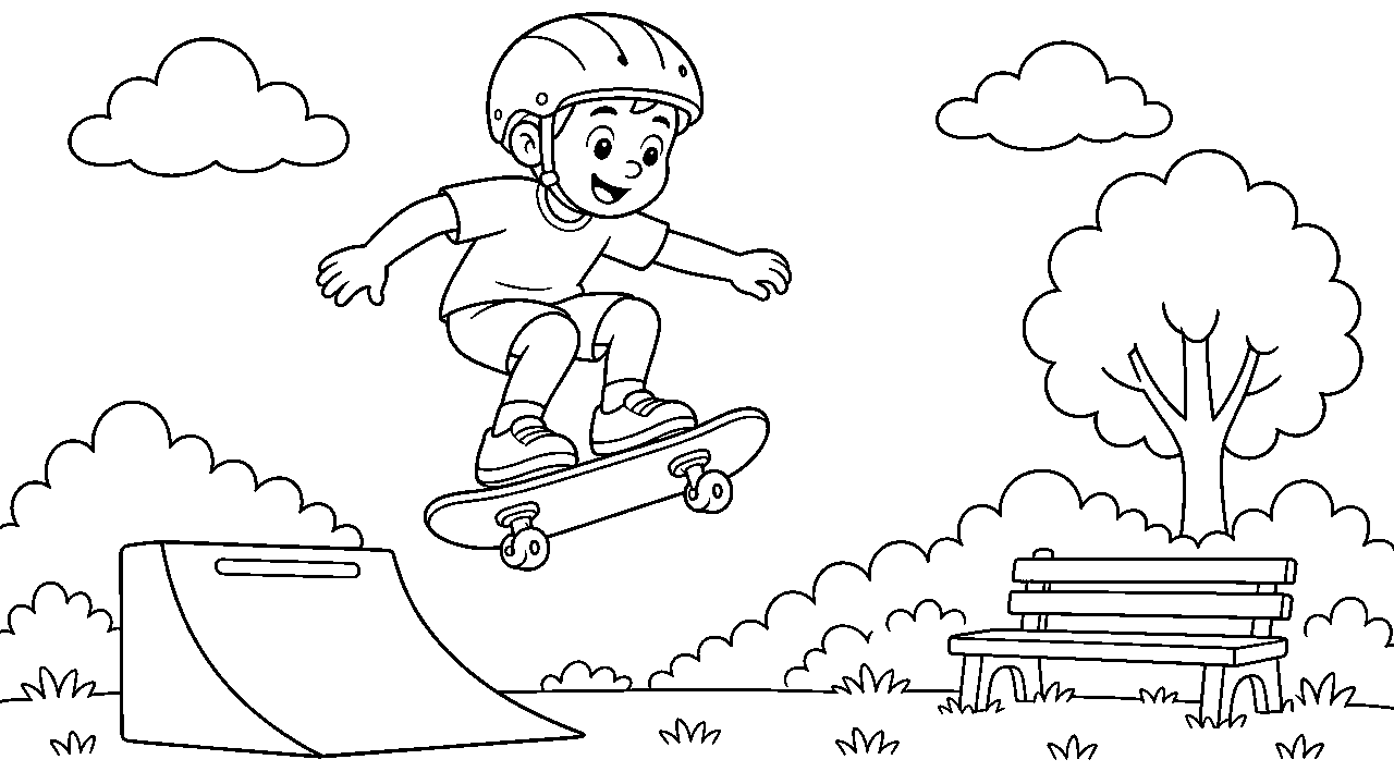 Boy Skateboard Trick Coloring Page