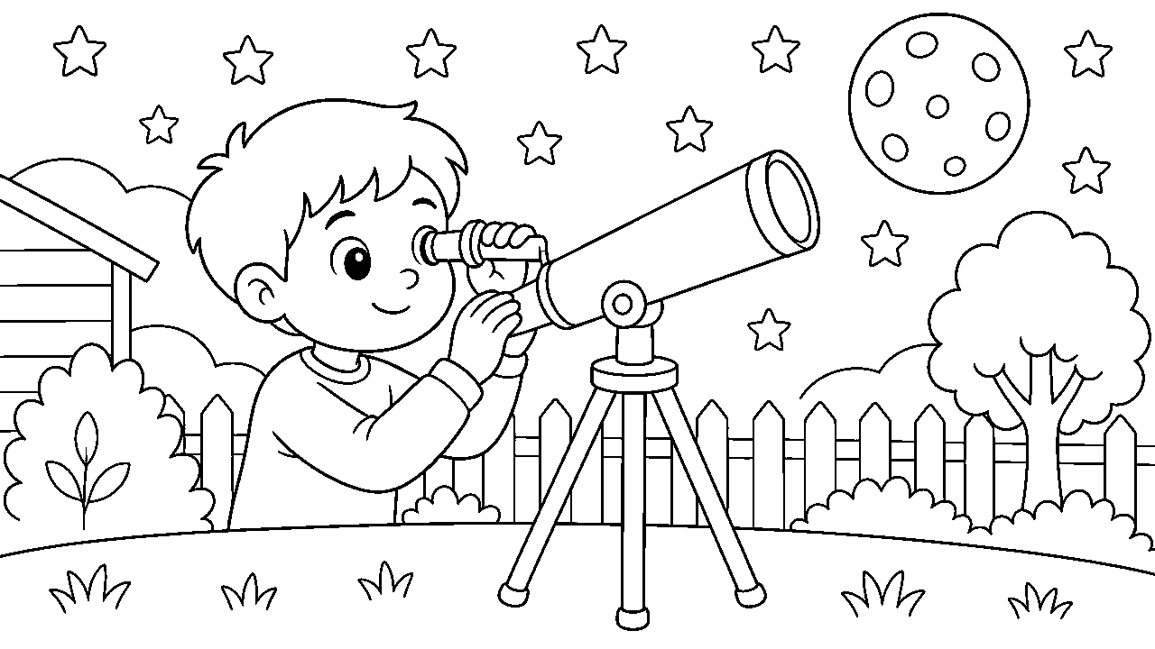 Boy Telescope Stars Coloring Page