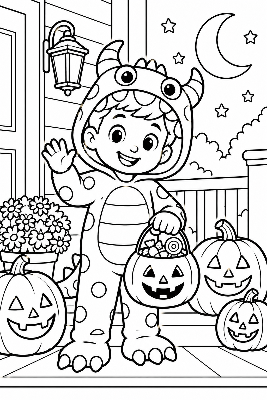 Boy Trick-or-Treating on Halloween Coloring Page