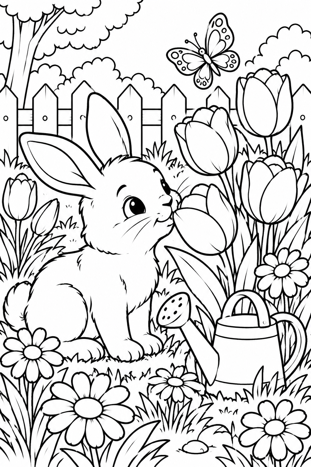 Bunny in a Spring Flower Garden Coloring Page
