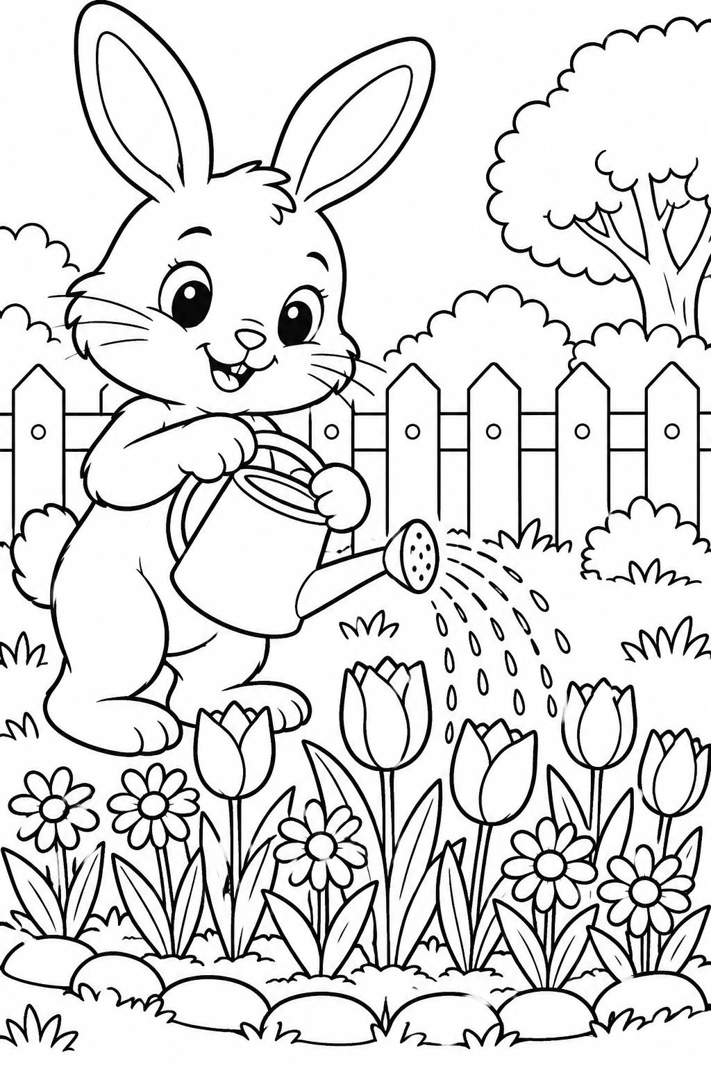 Bunny Watering Spring Flowers Coloring Page