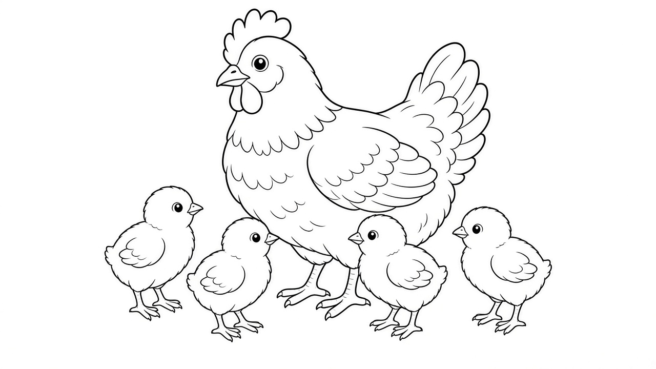 Chicken with Chicks Coloring Page