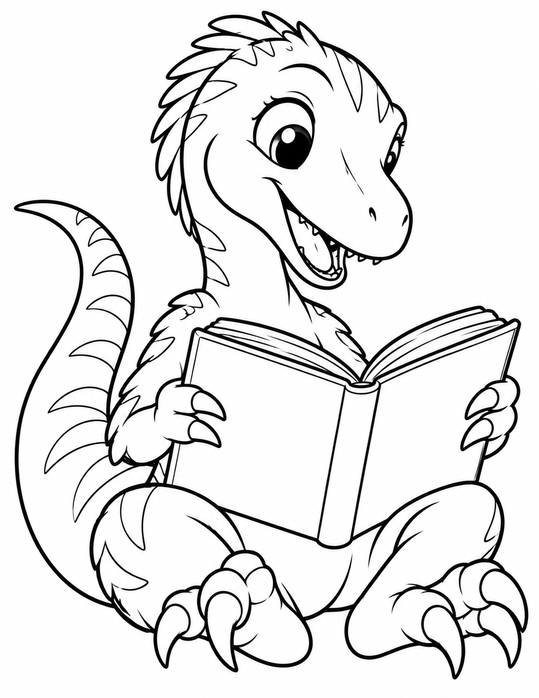 Cute Raptor Reading a Book Coloring Page