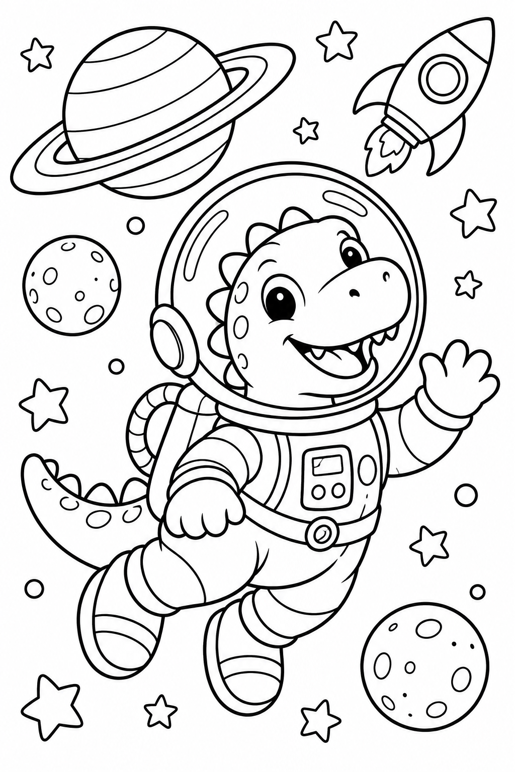 Dinosaur Astronaut in Space Coloring Page