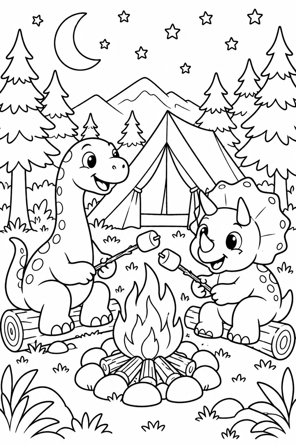 Dinosaur Camping by a Campfire Coloring Page
