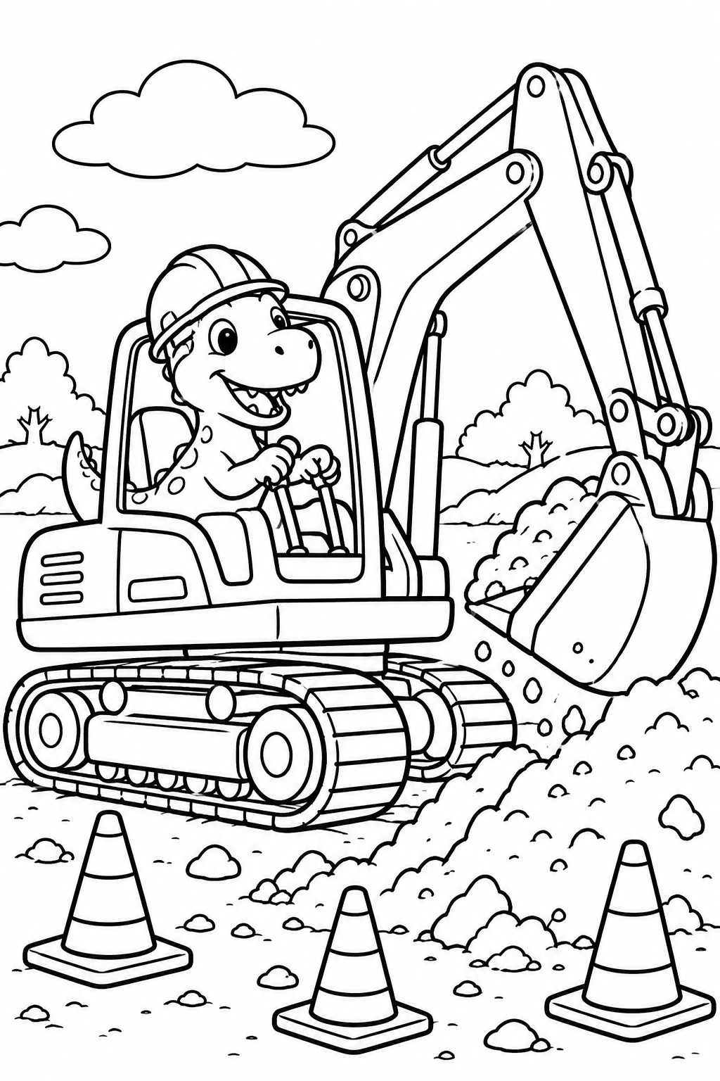 Dinosaur Driving an Excavator Coloring Page