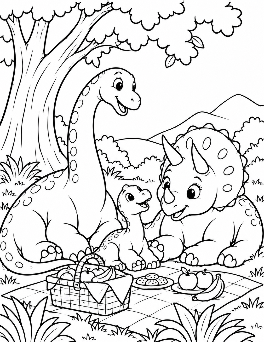 Dinosaur Family Picnic Under Tree Coloring Page