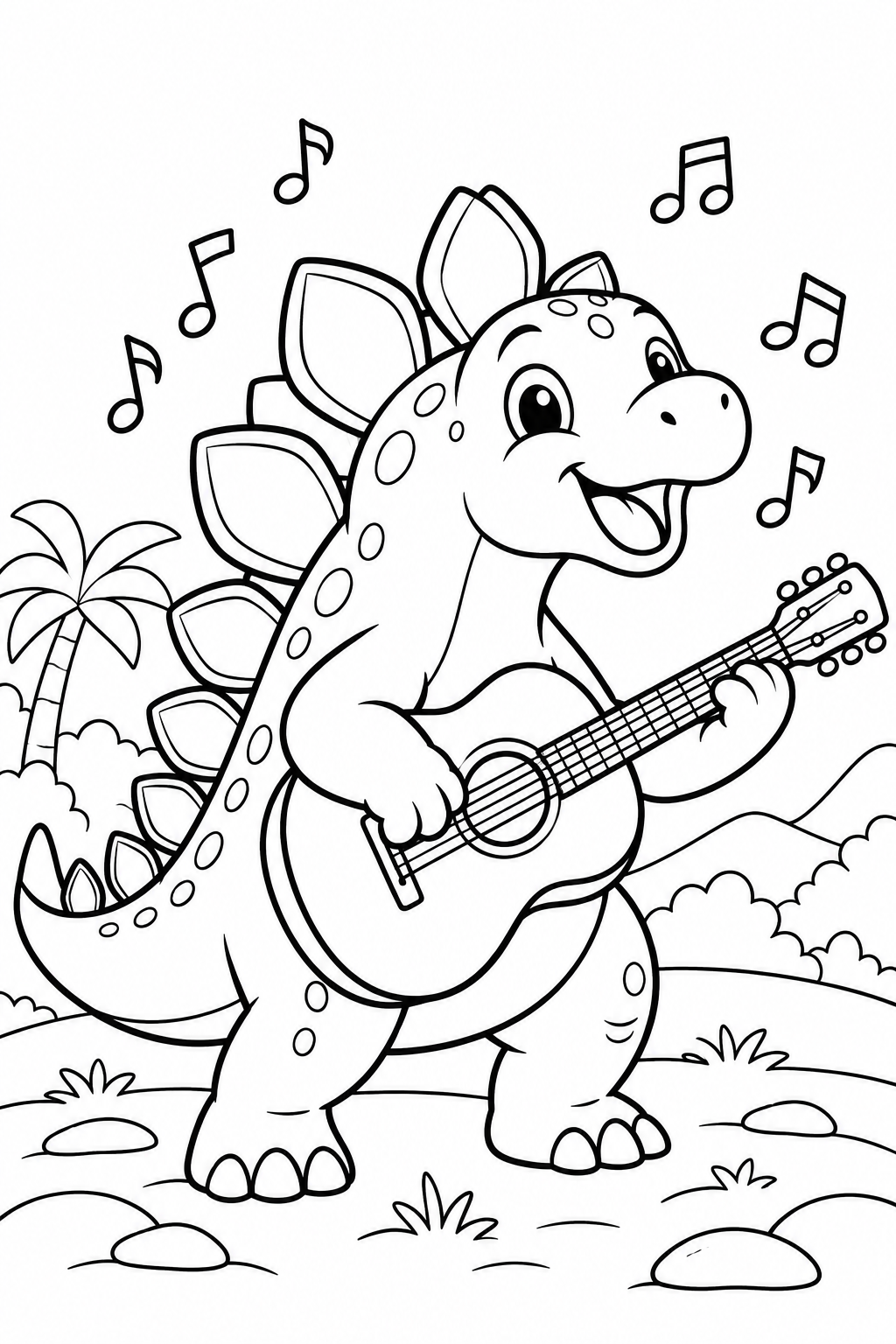 Dinosaur Playing Guitar Coloring Page