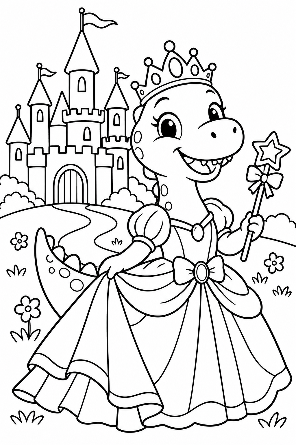Dinosaur Princess with Crown Coloring Page