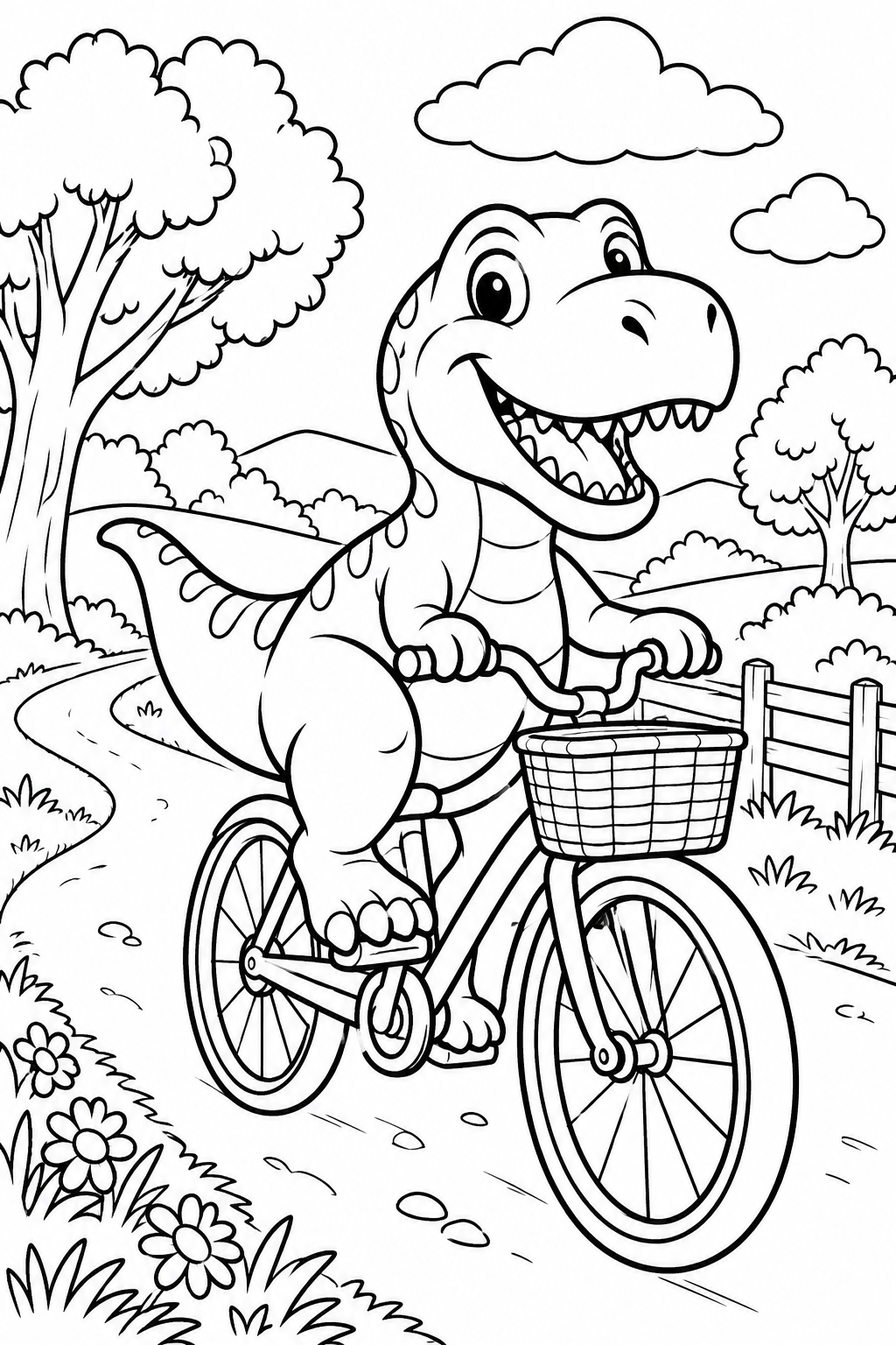 Dinosaur Riding a Bicycle Coloring Page