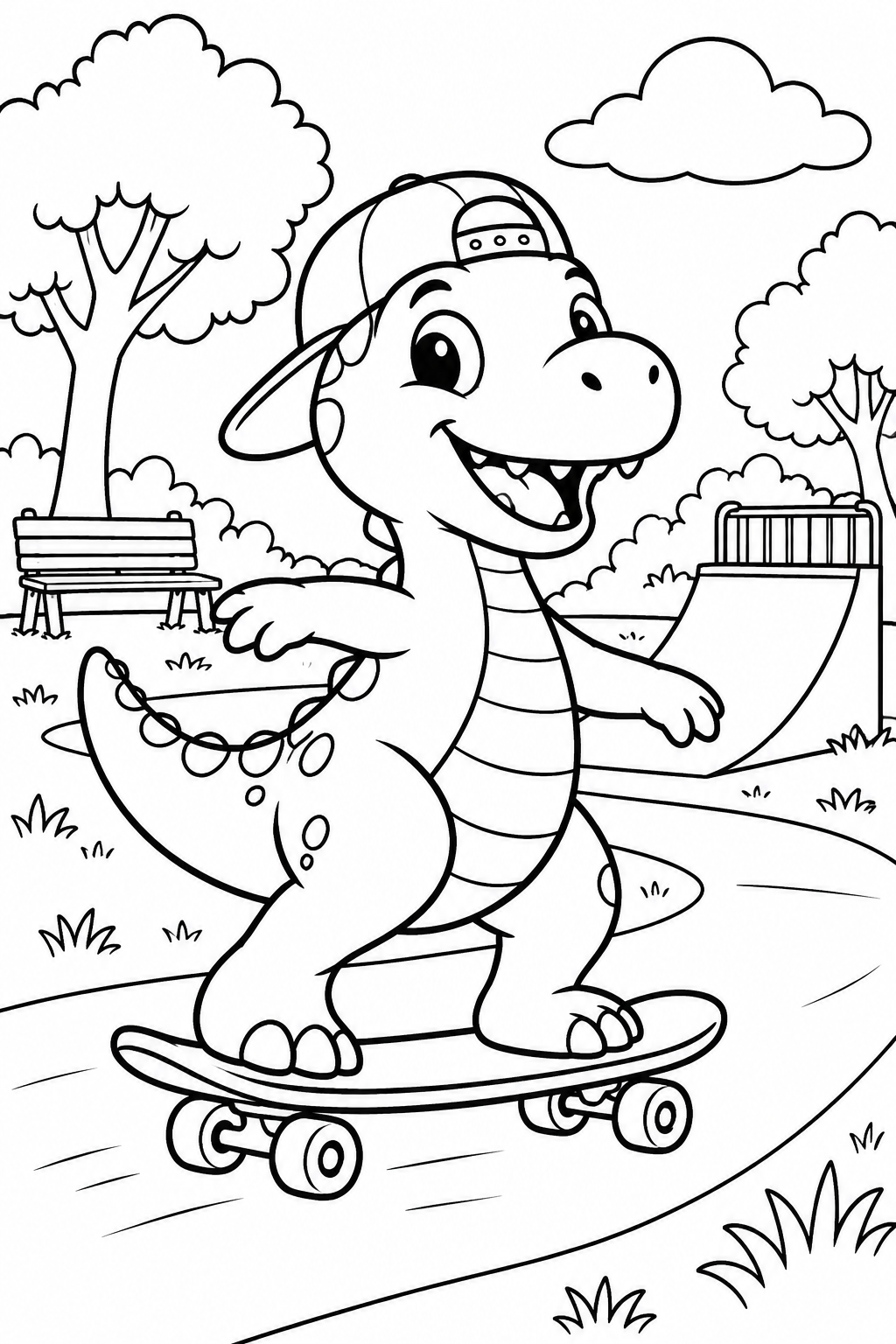 Dinosaur Riding a Skateboard Coloring Page
