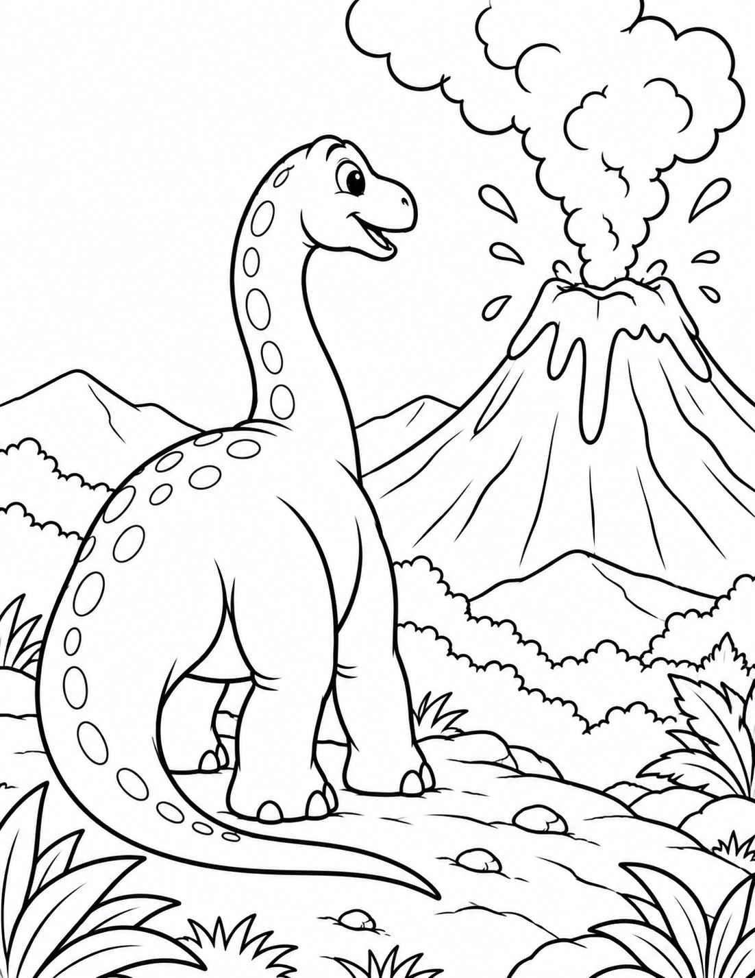 Dinosaur and Volcano Sunset Scene Coloring Page