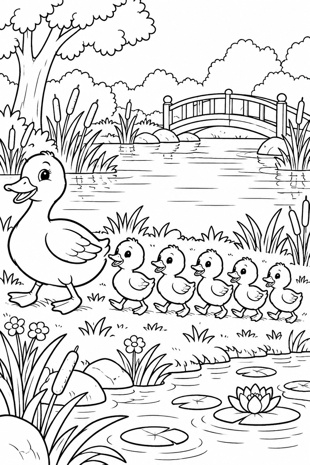Ducklings Follow Mother Coloring Page