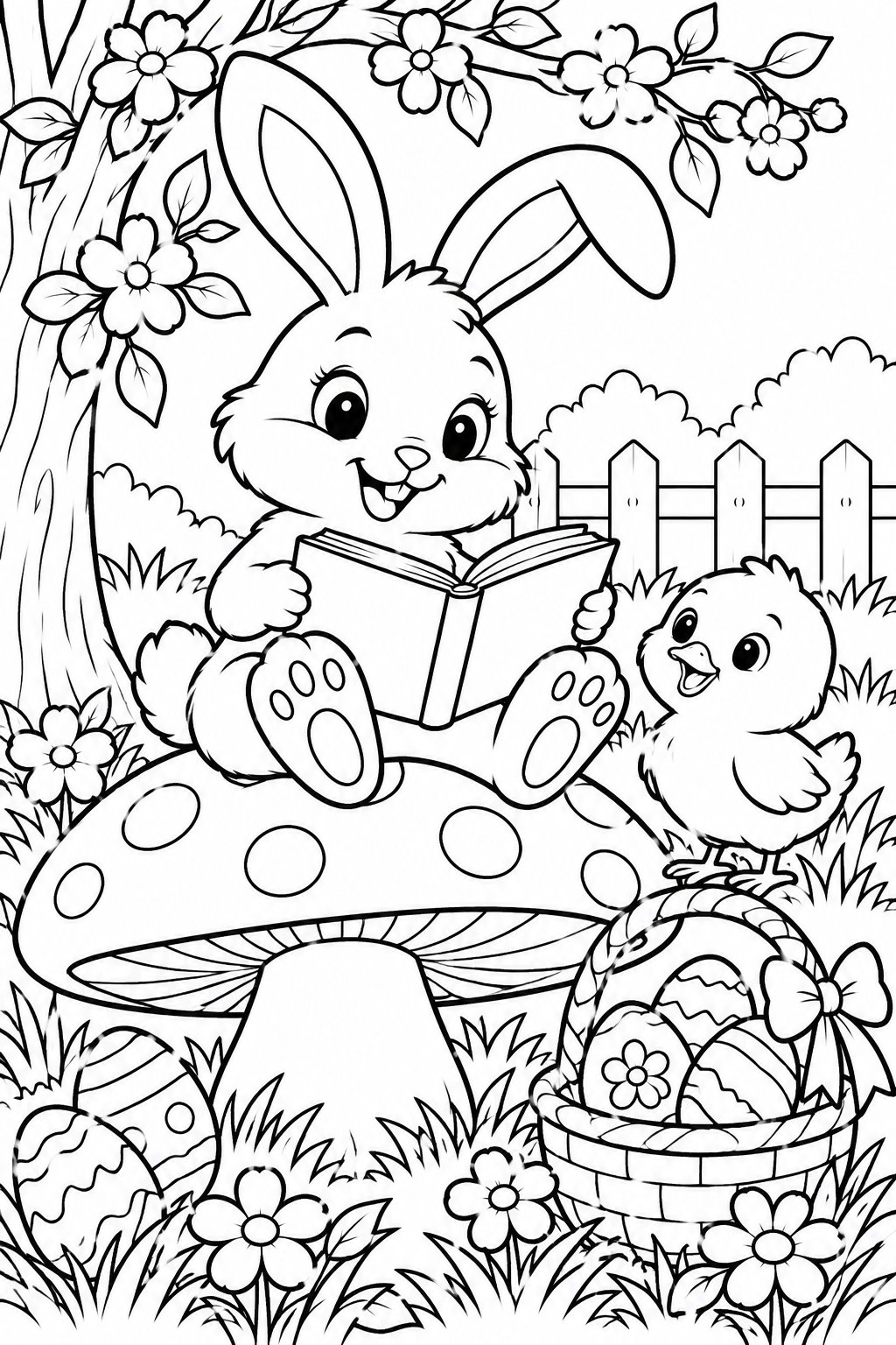 Easter Bunny Reading a Book Coloring Page