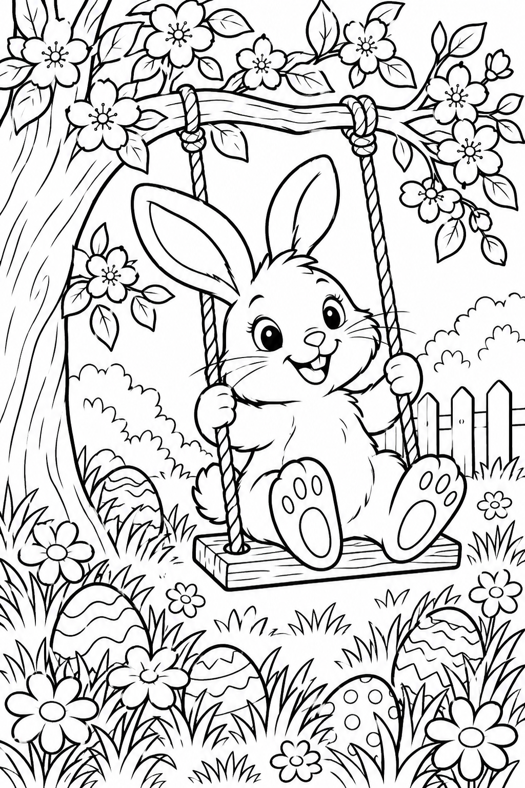 Easter Bunny on a Swing Coloring Page