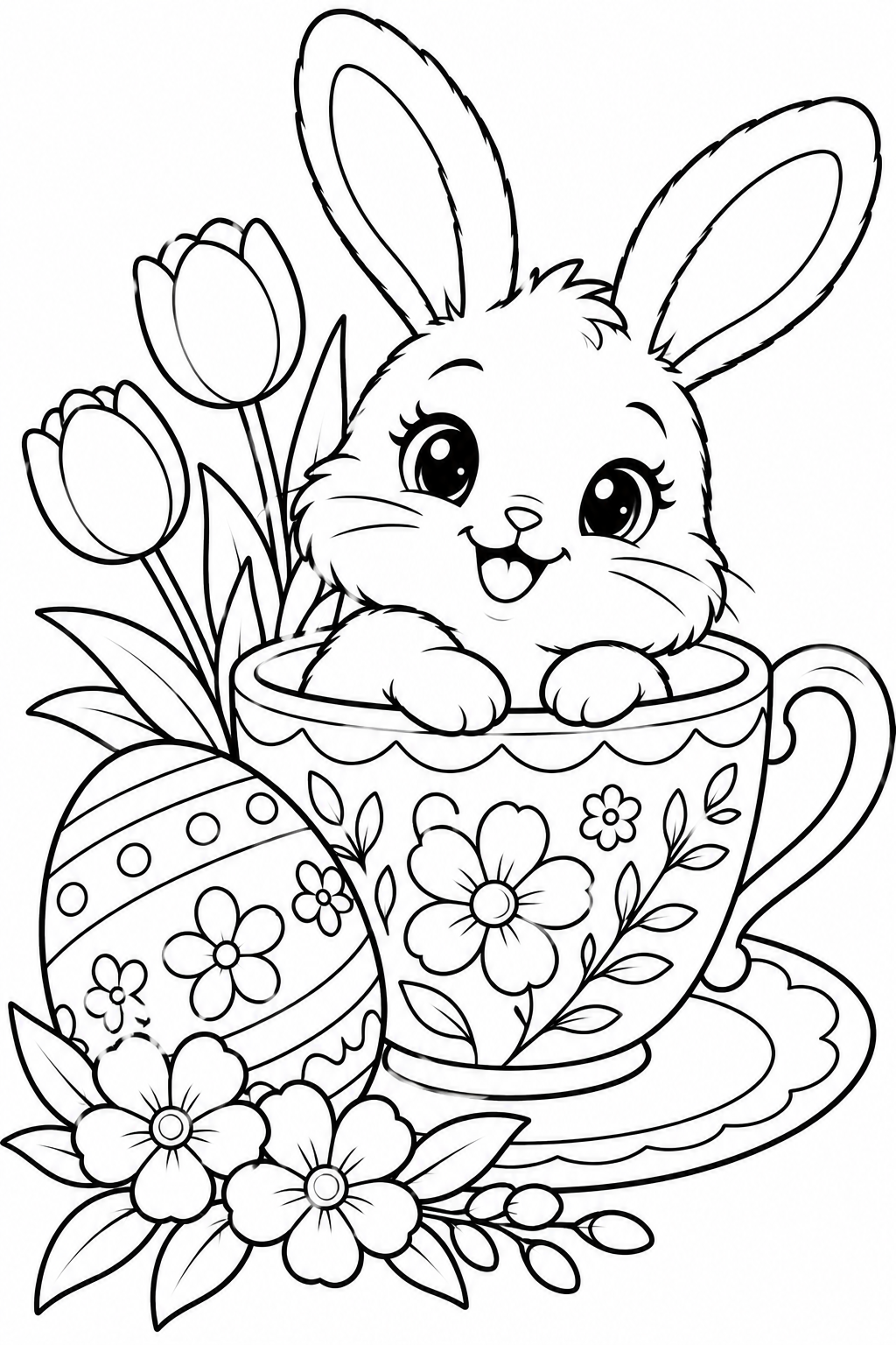 Easter Bunny in a Teacup Coloring Page