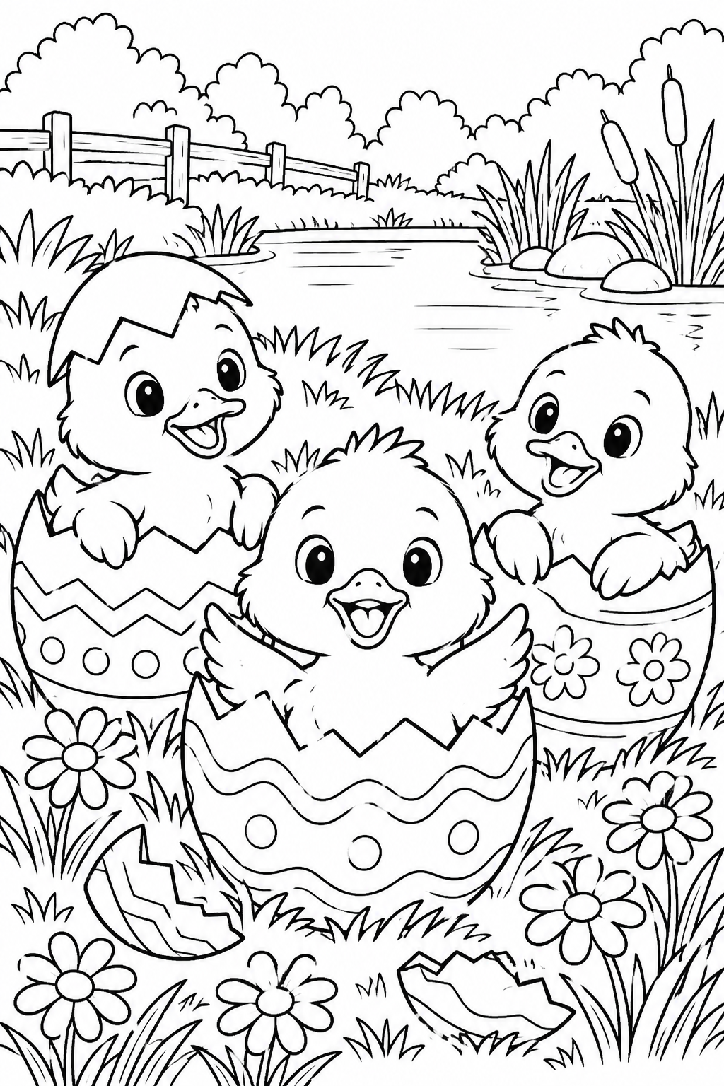 Easter Ducklings in Egg Shells Coloring Page
