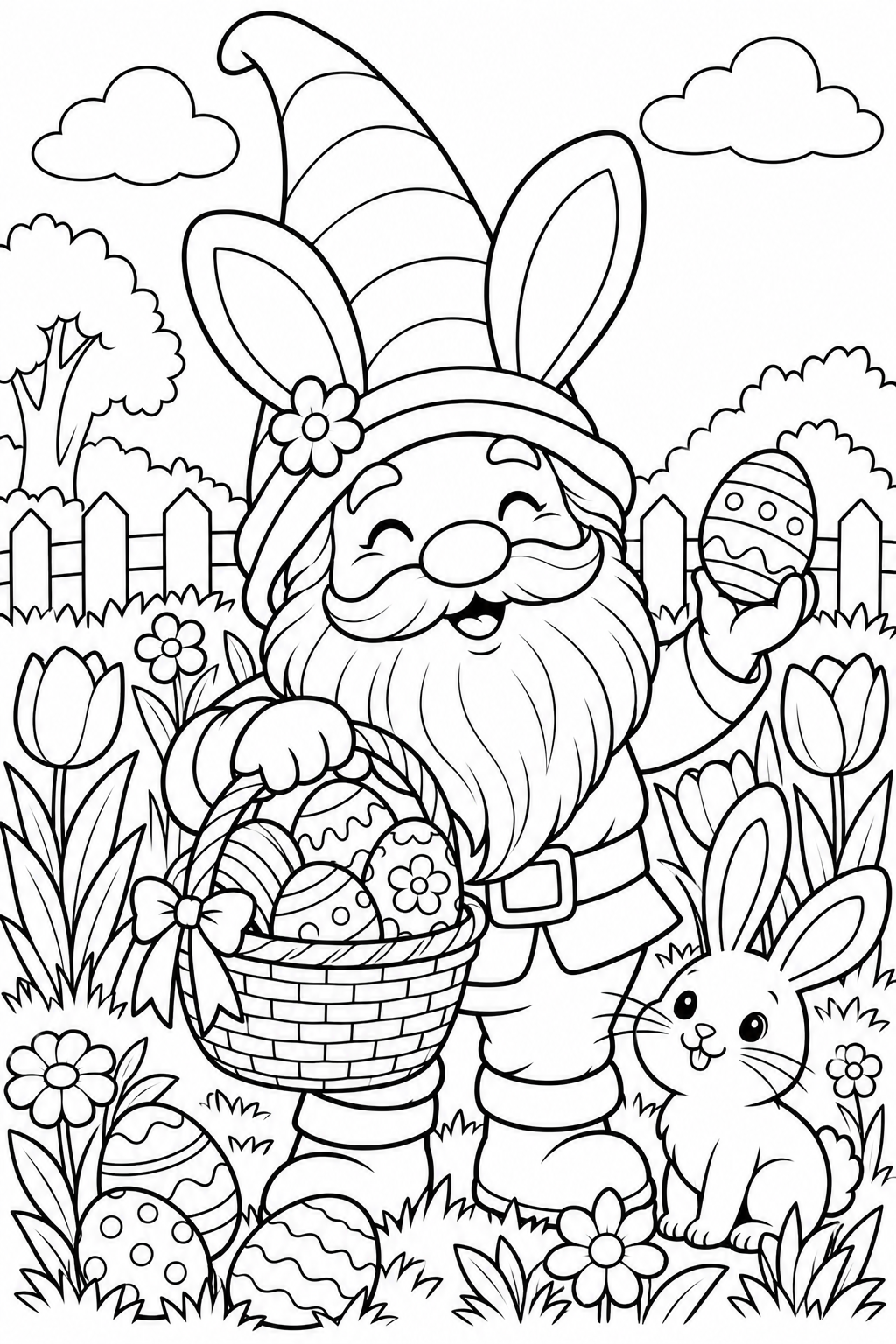 Easter Gnome with Egg Basket Coloring Page