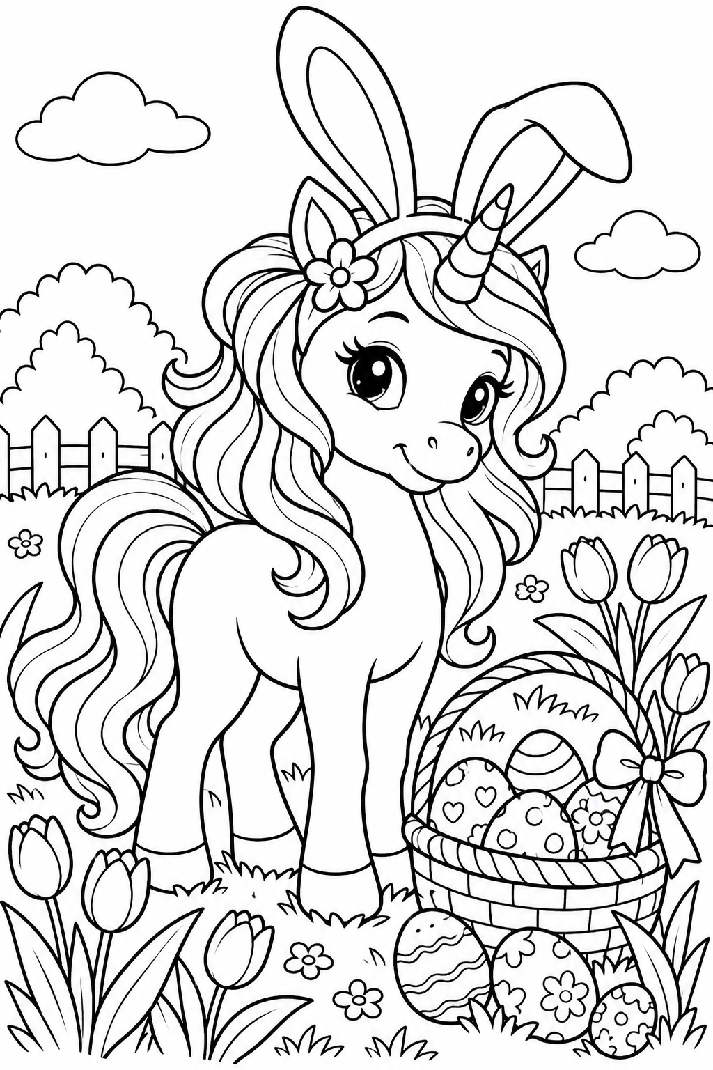 Easter Unicorn with Eggs Coloring Page