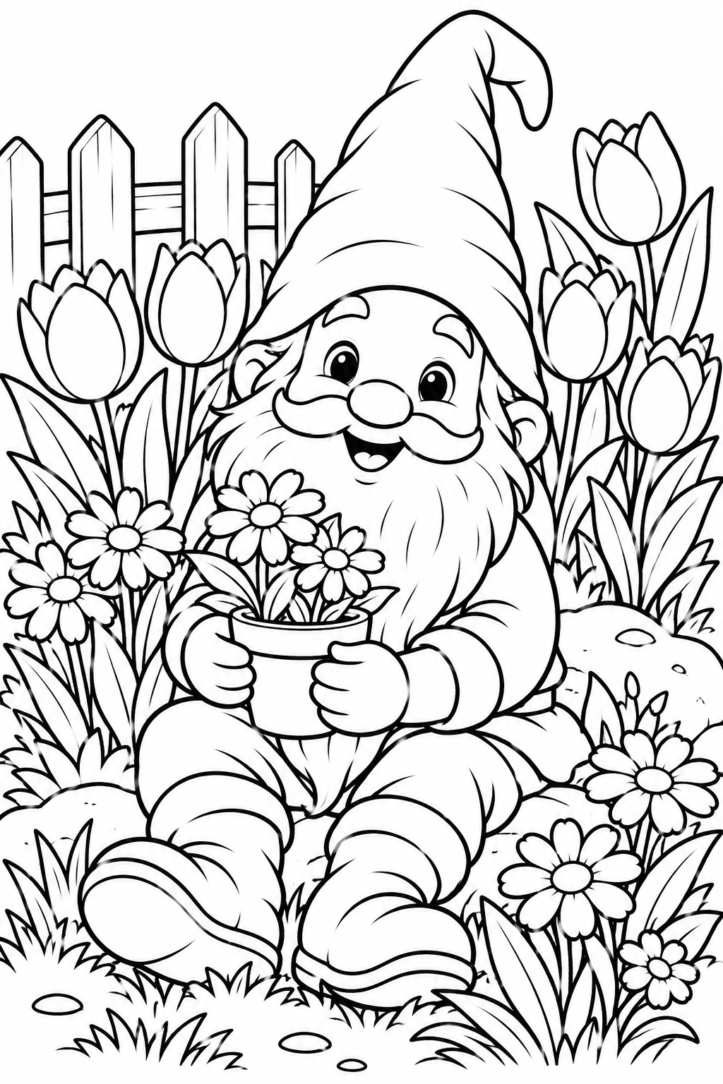 Garden Gnome in Spring Flowers Coloring Page