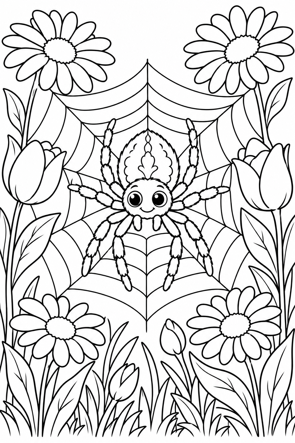 Garden Spider on Flowers Coloring Page