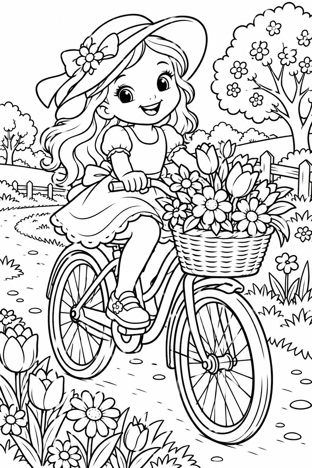 Girl Riding a Bike with a Flower Basket Coloring Page