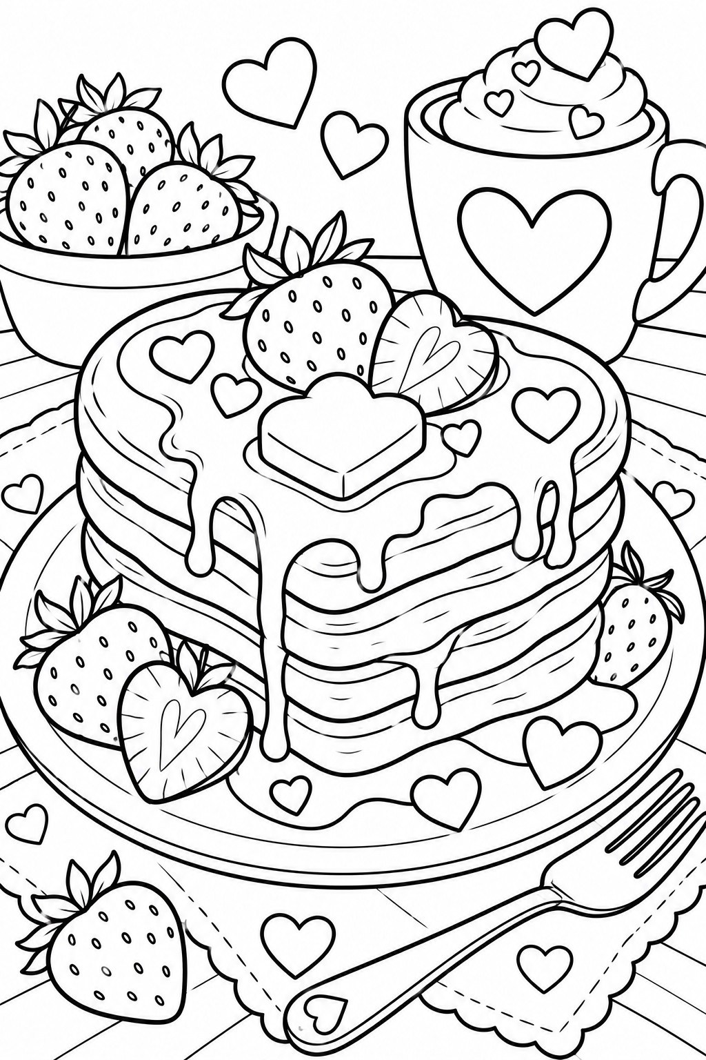Heart Pancakes Valentine Breakfast Coloring Page