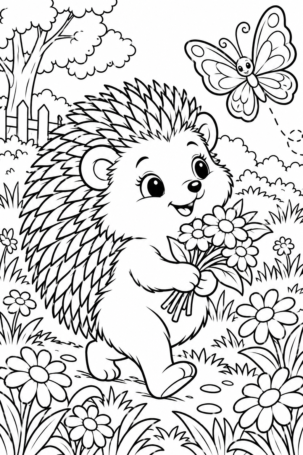 Hedgehog with Spring Flowers Coloring Page