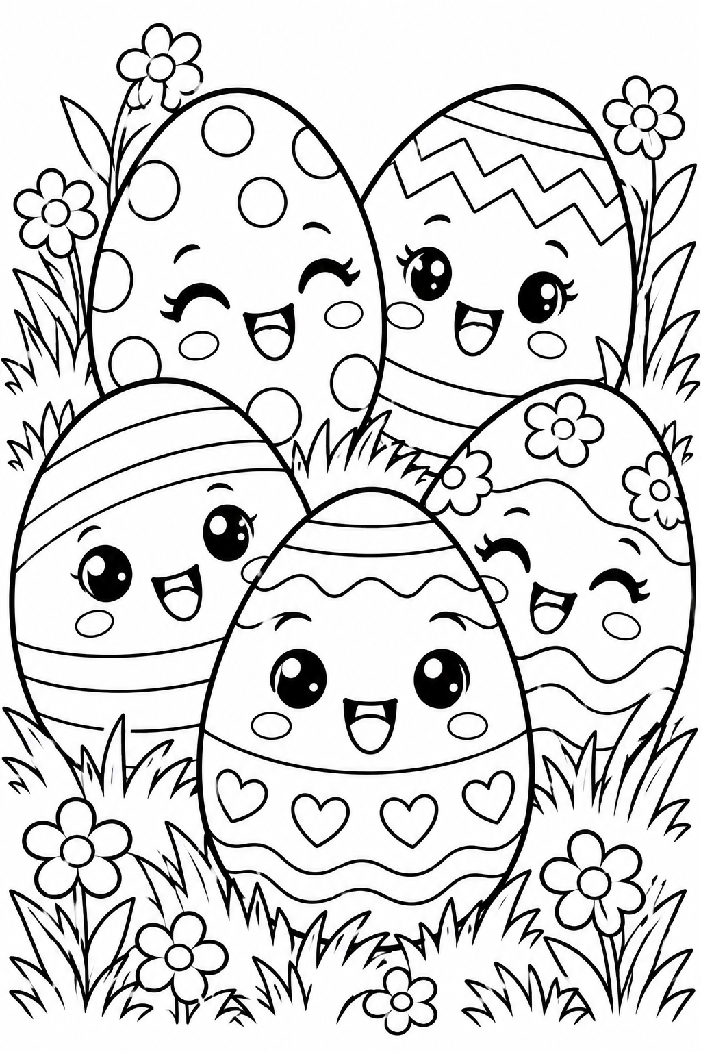 Kawaii Easter Eggs Coloring Page