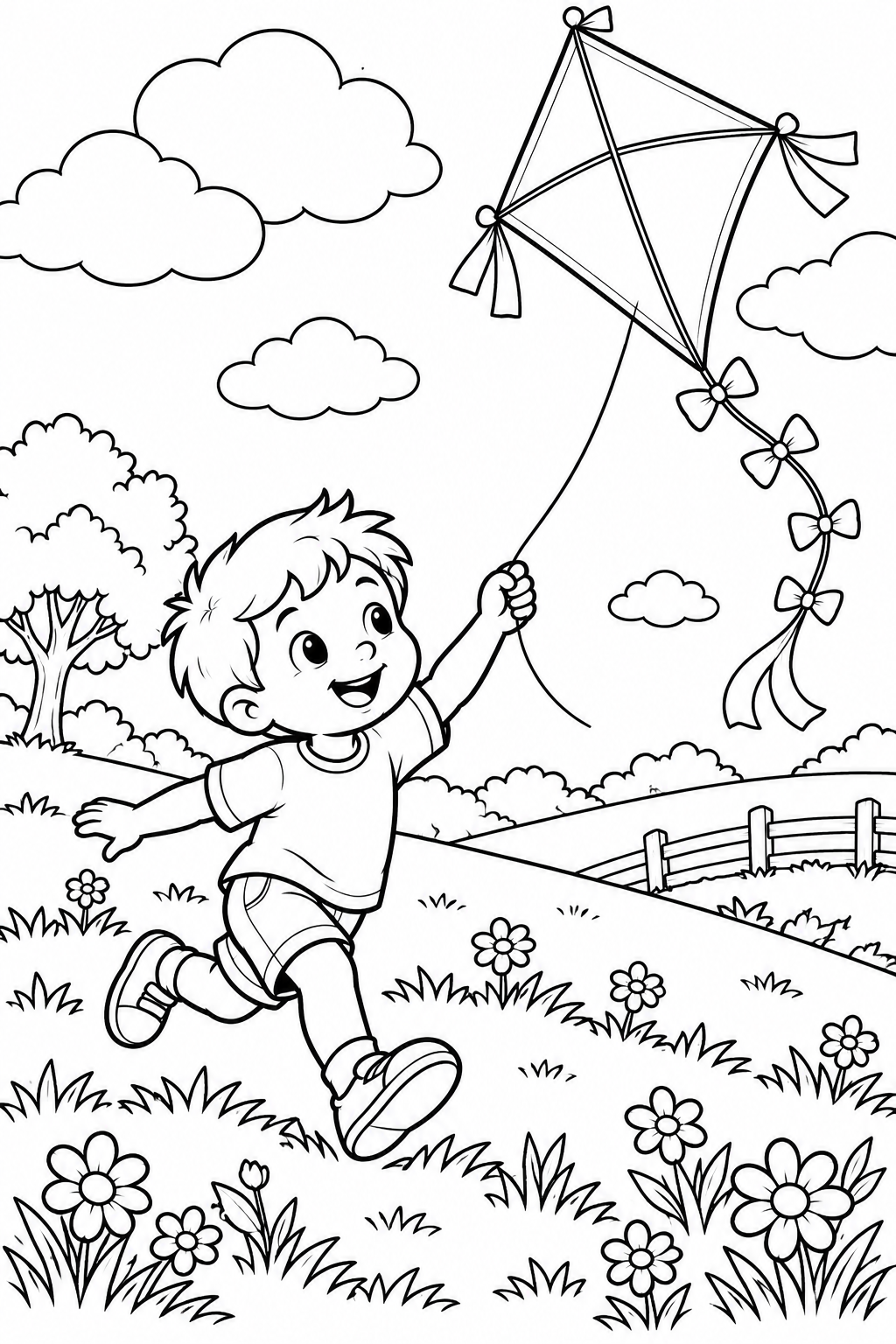 Kid Flying a Kite in Spring Coloring Page