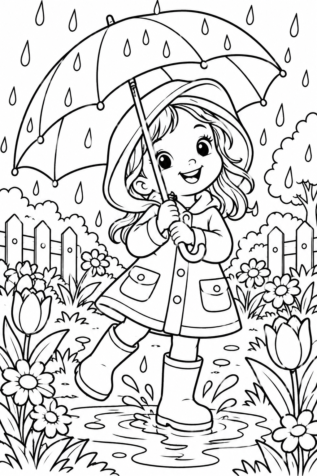 Kid with an Umbrella in the Spring Rain Coloring Page