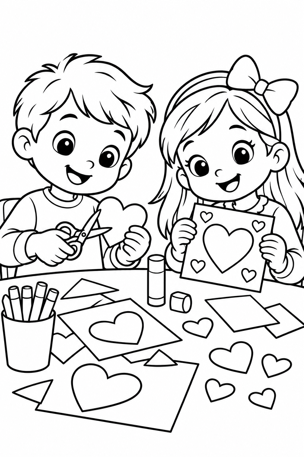 Kids Making Valentine Craft Coloring Page