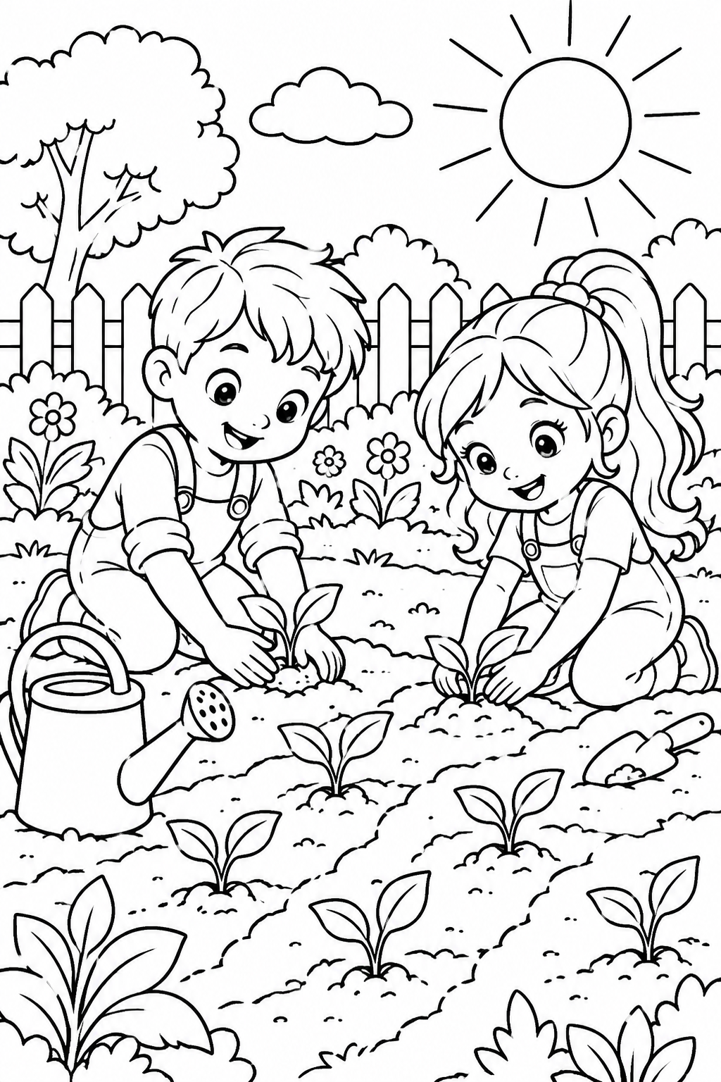 Kids Planting Garden Coloring Page