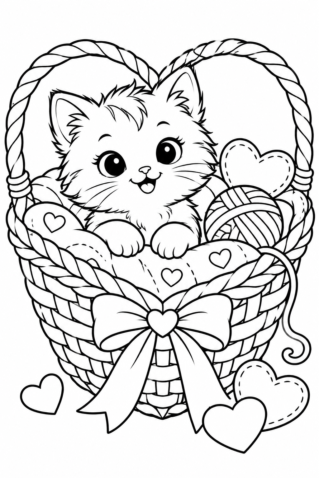 Kitten in a Heart Basket Coloring Page