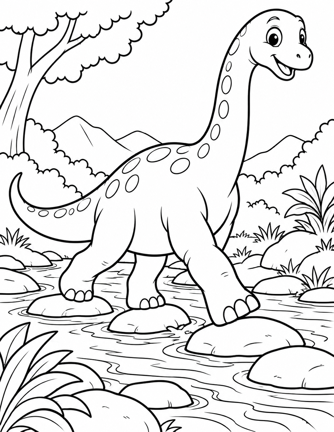 Long-Neck Dinosaur Crossing Bridge of Stones Coloring Page