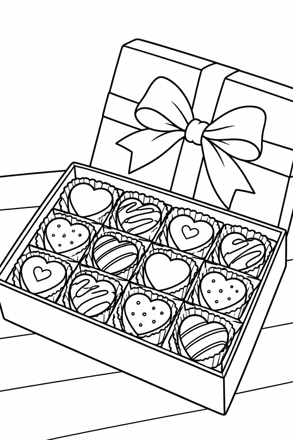 Open Chocolate Box Hearts Coloring Page