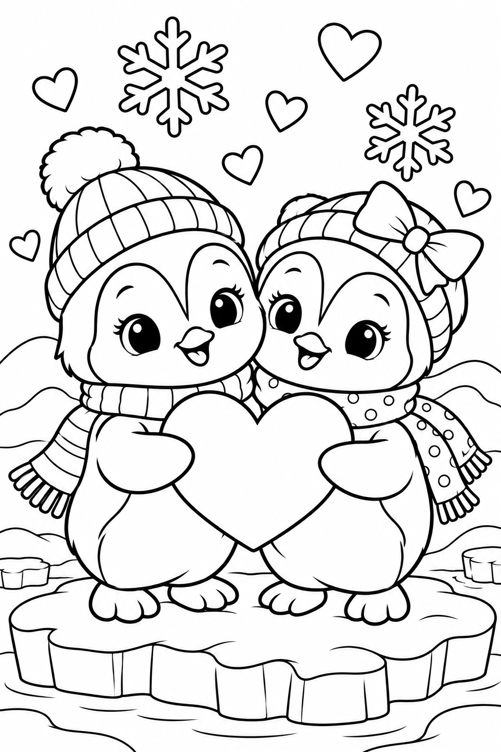 Penguins Sharing a Heart Coloring Page