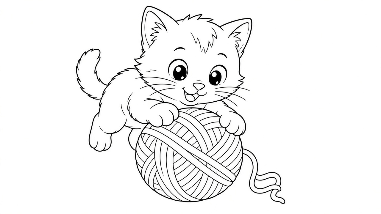 Playful Kitten with Yarn Coloring Page