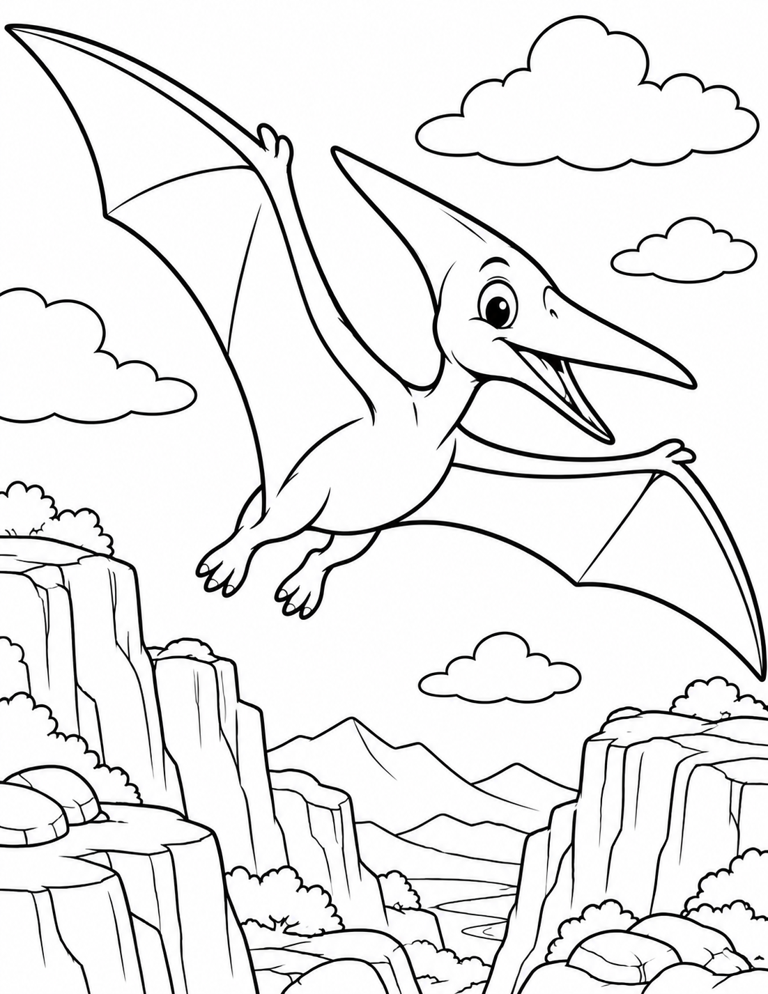 Pterodactyl Soaring Over Cliffs Coloring Page