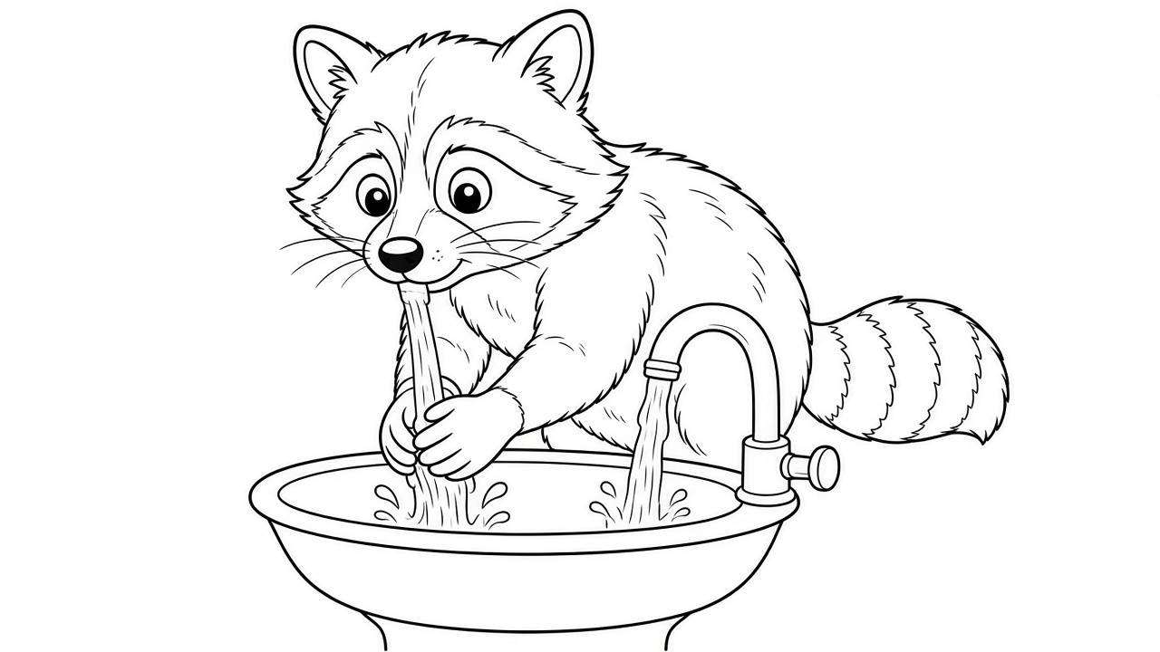 Raccoon Washing Coloring Page